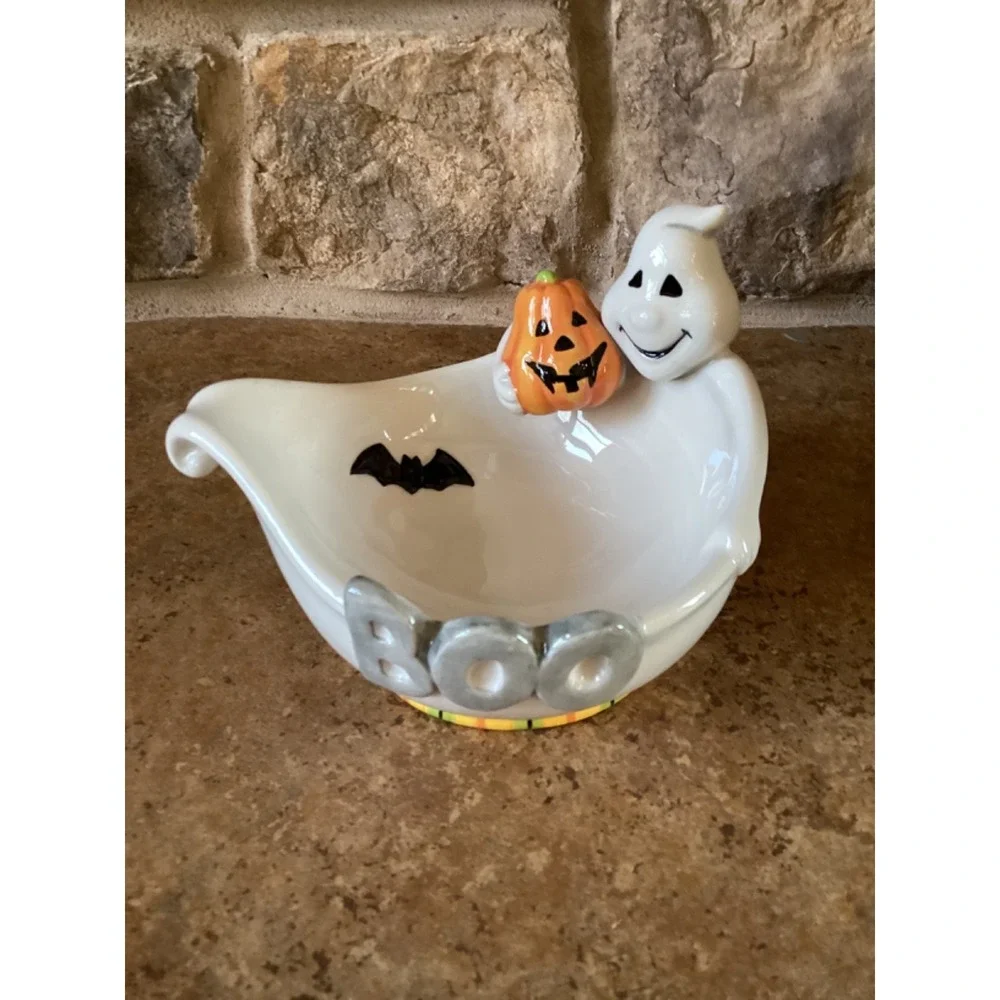 Halloween Boo Ghost Candy Dish Bowl Fitz And Floyd Bat Pumpkin Ceramic Small - Picture 1 of 6